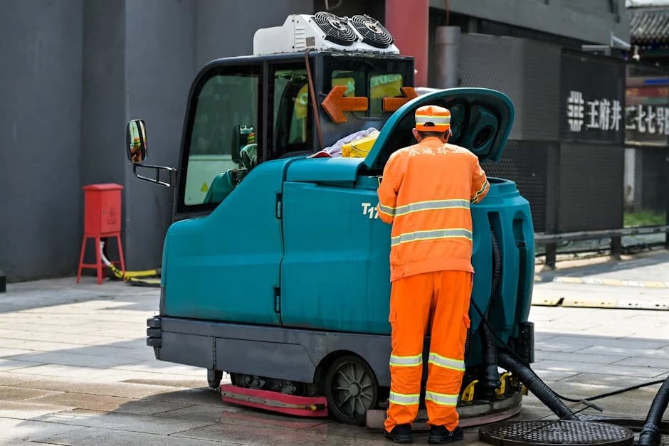 Commercial cleaning crew using industrial floor scrubber and professional equipment