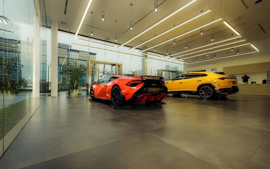 Professional floor care service maintaining auto dealership showroom floors