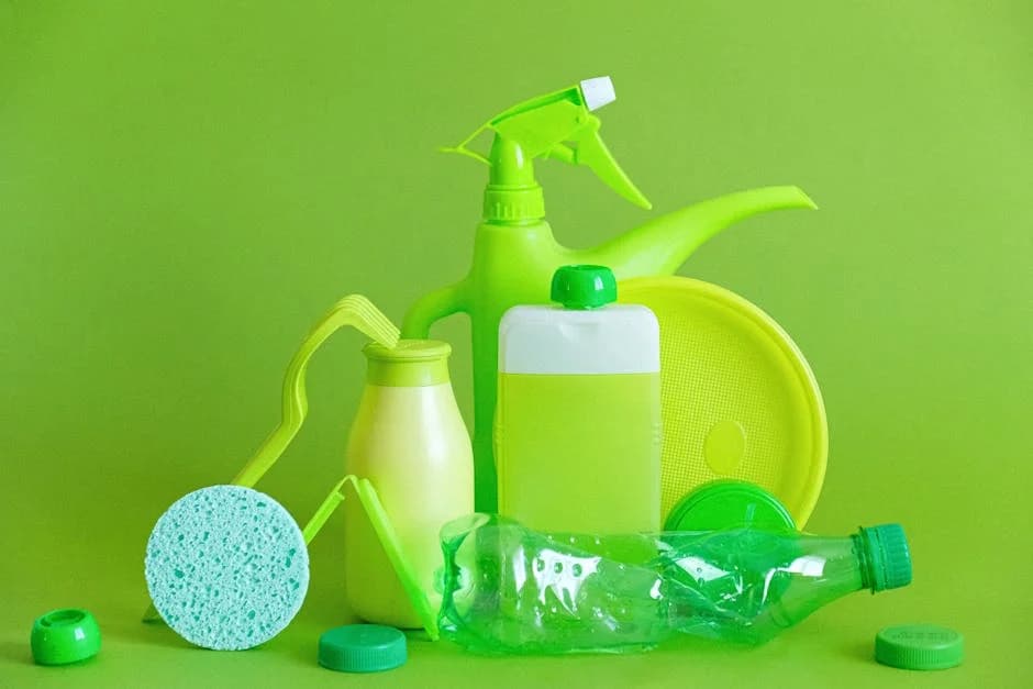 Professional cleaning technician using green cleaning products in a commercial office