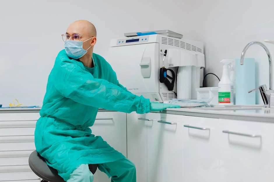 Professional cleaning technician disinfecting surfaces in a medical facility waiting area