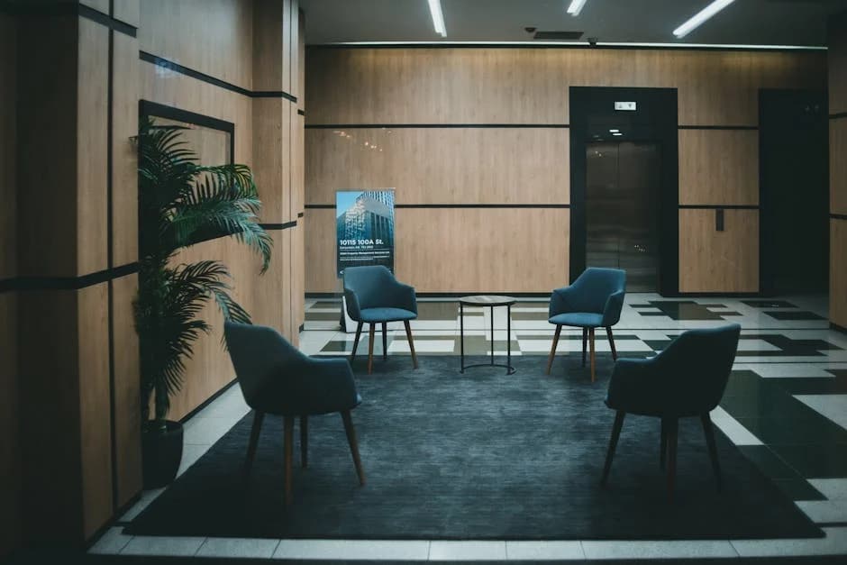 Clean open-plan office in Tampa with polished floors and tidy workstations