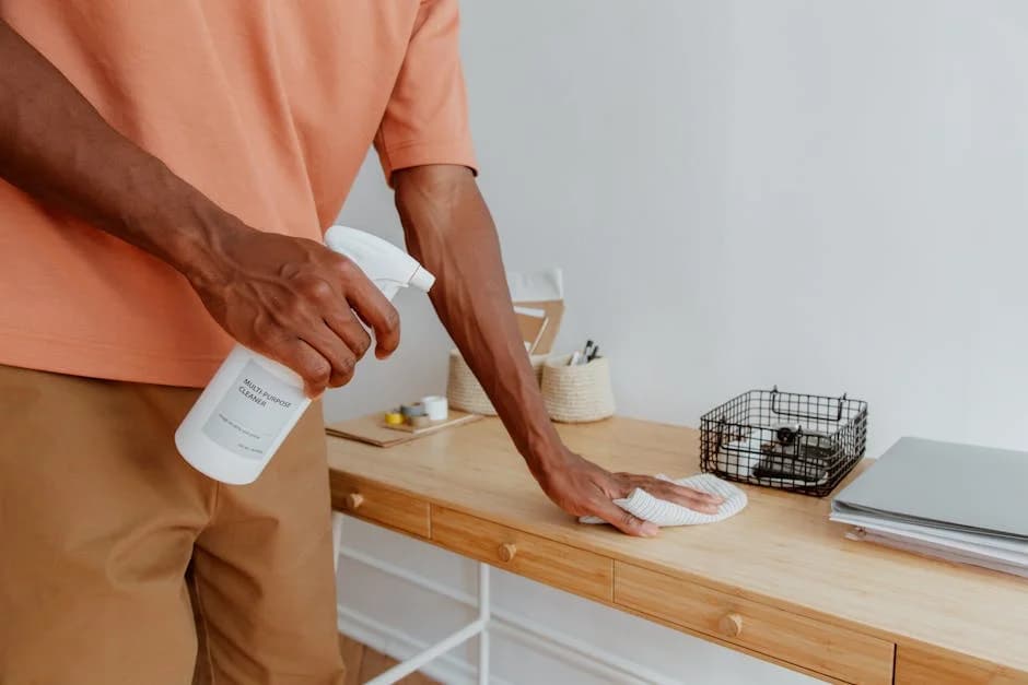 Commercial cleaning staff using eco-friendly products in a professional office setting