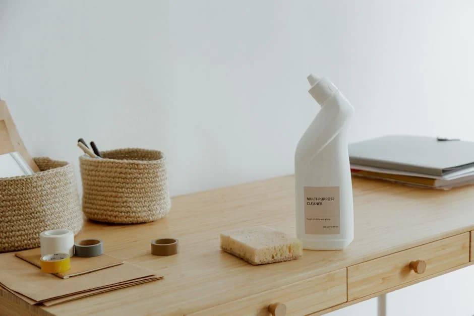 Office cleaning technician using certified eco-friendly products in a commercial workspace