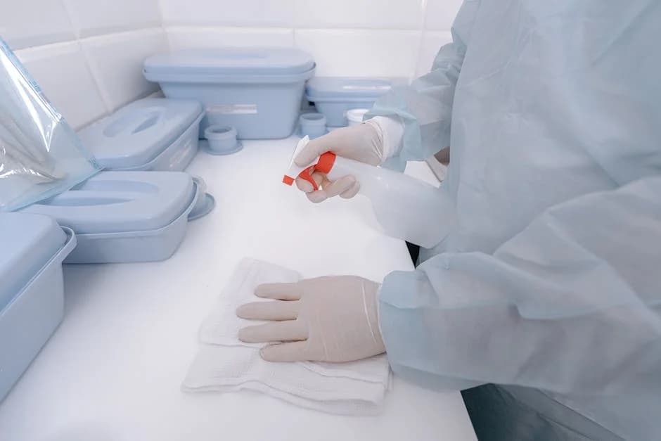 Healthcare facility hallway being professionally cleaned and disinfected