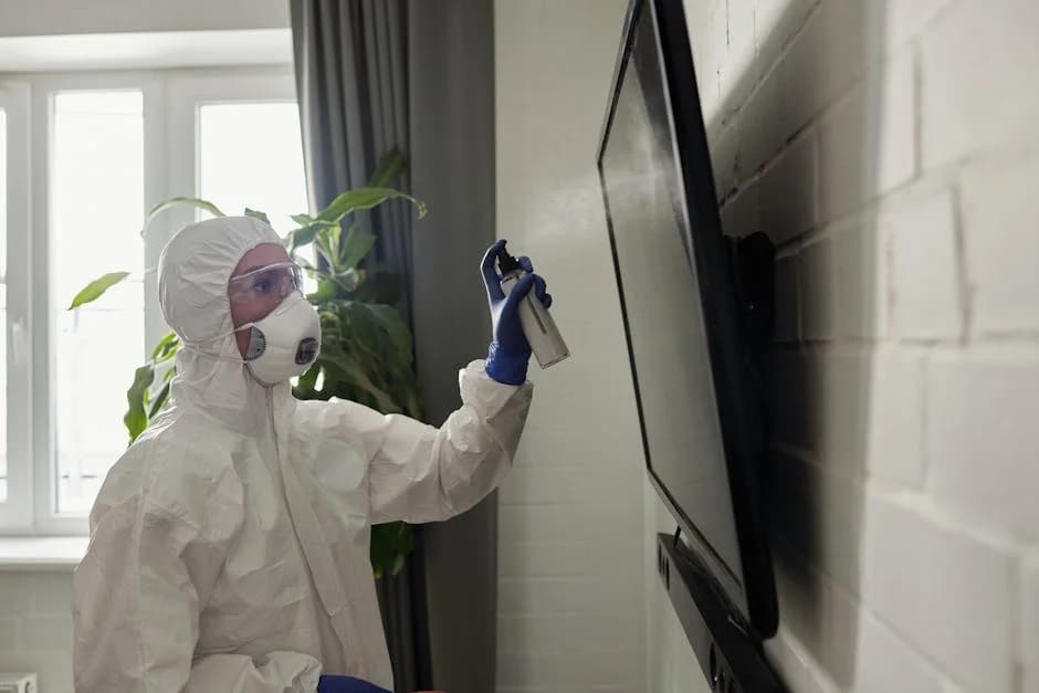 Healthcare facility being disinfected by professionals in proper PPE