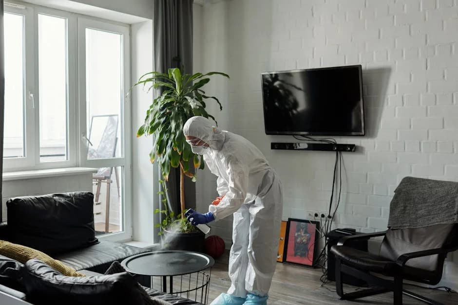 Hotel room being professionally disinfected with EPA-registered products