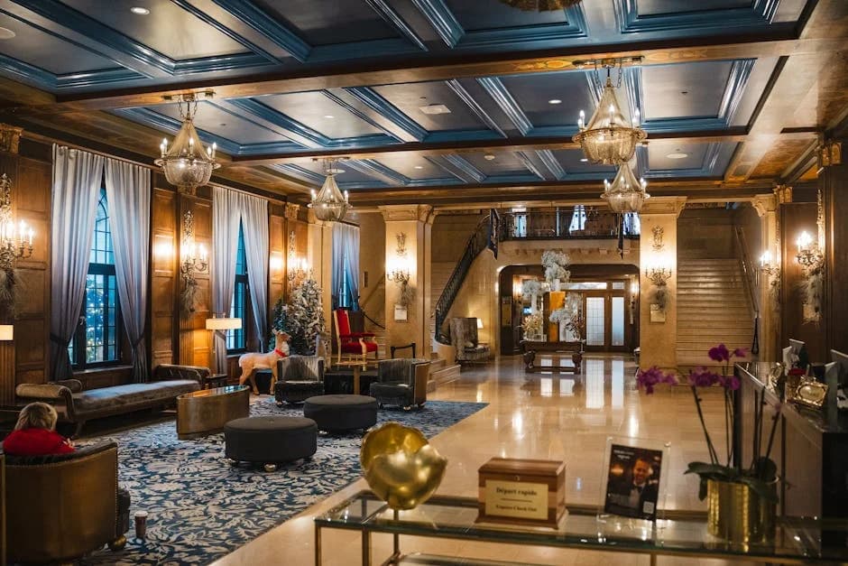 Pristine hotel lobby with gleaming floors and clean furnishings
