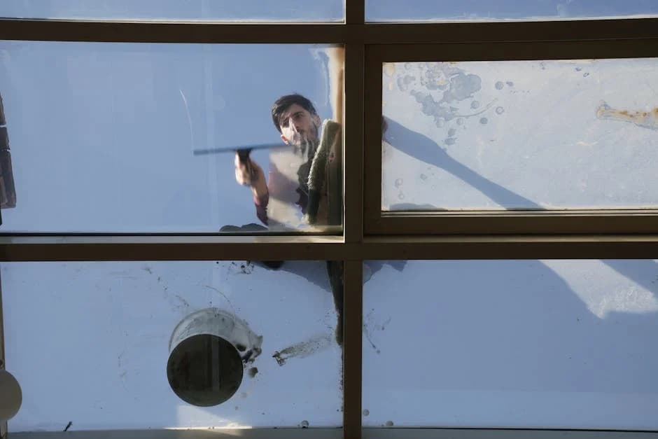 Professional window cleaner cleaning commercial building windows from exterior