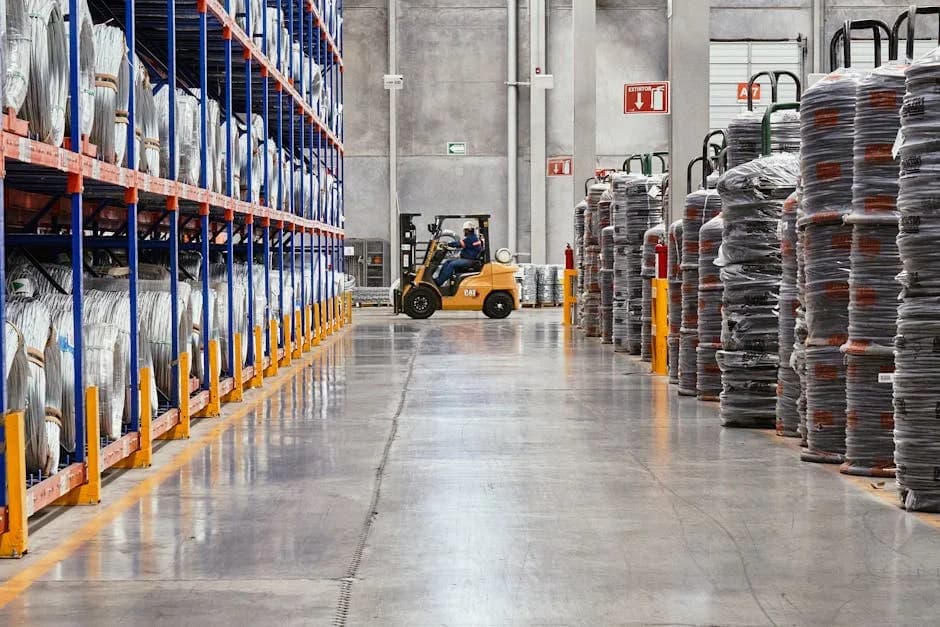 Warehouse floor being scrubbed and maintained with industrial equipment
