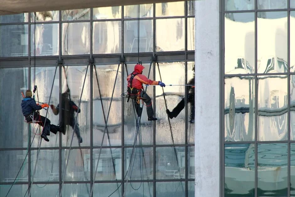 Professional commercial cleaning crew servicing an office building
