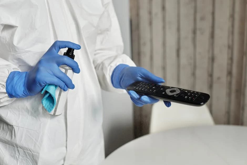 Cleaning technician applying EPA-registered disinfectant to high-touch workplace surfaces